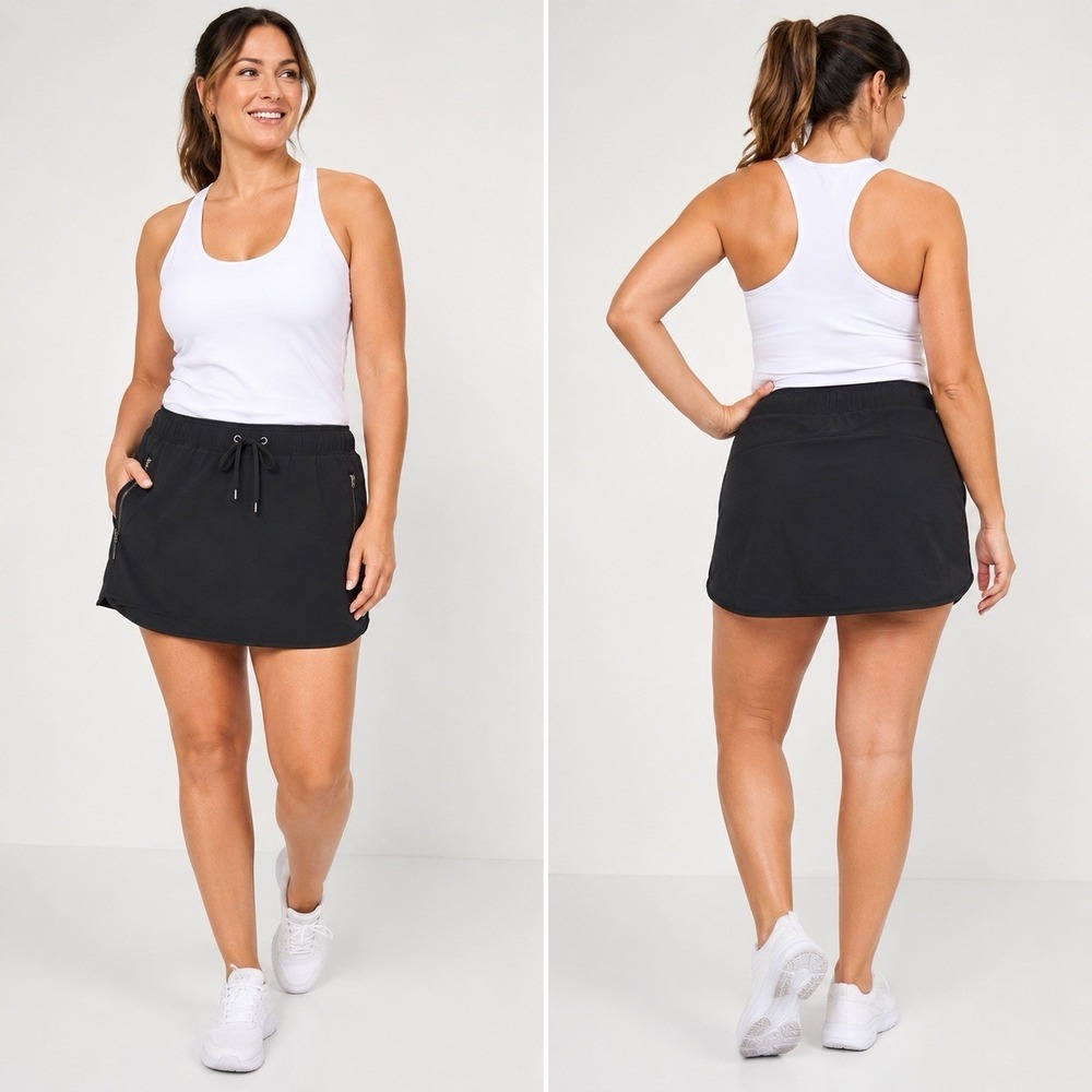 Athleta Stretch In Skort Women's XL Black Zip Pockets Built In Shorts Drawstring